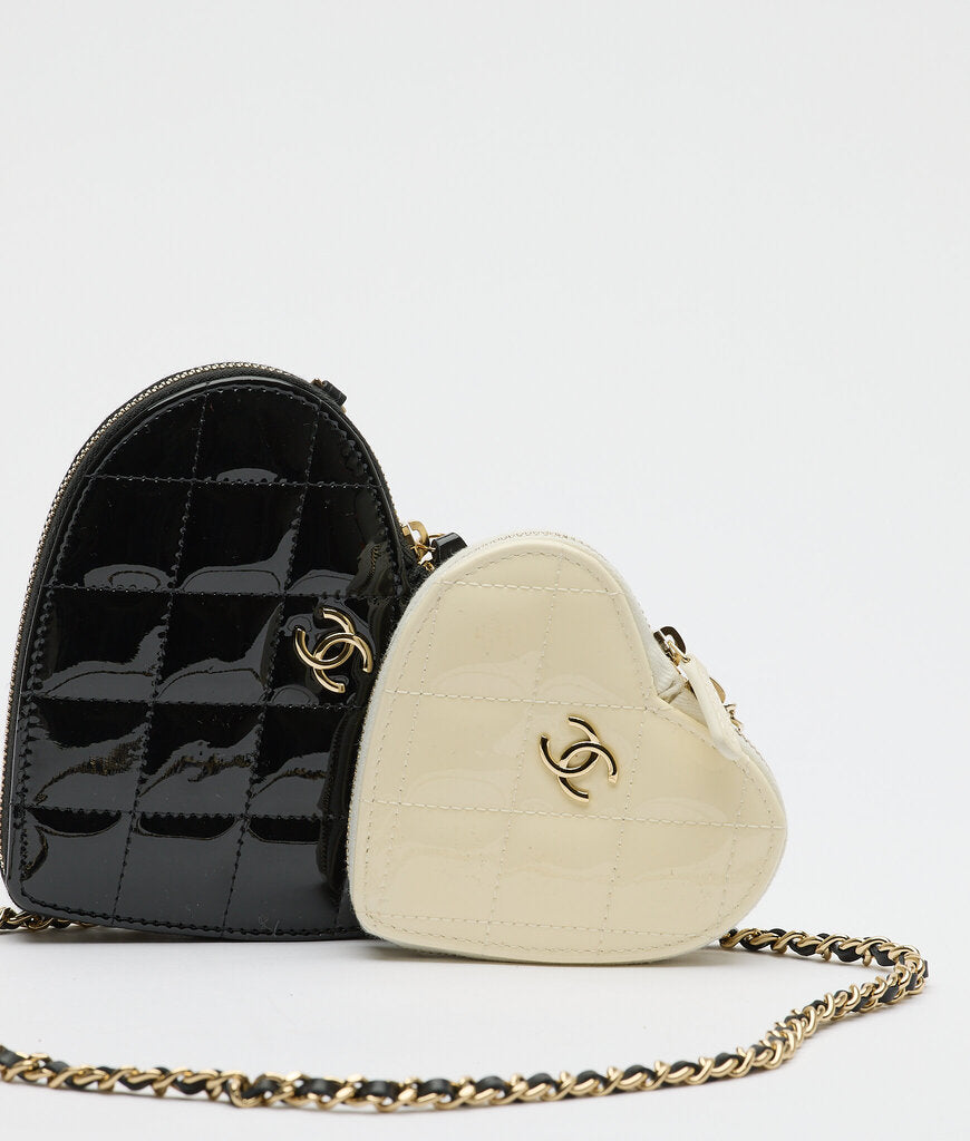 Chanel Patent Black & White Calfskin Resin Quilted Hearts