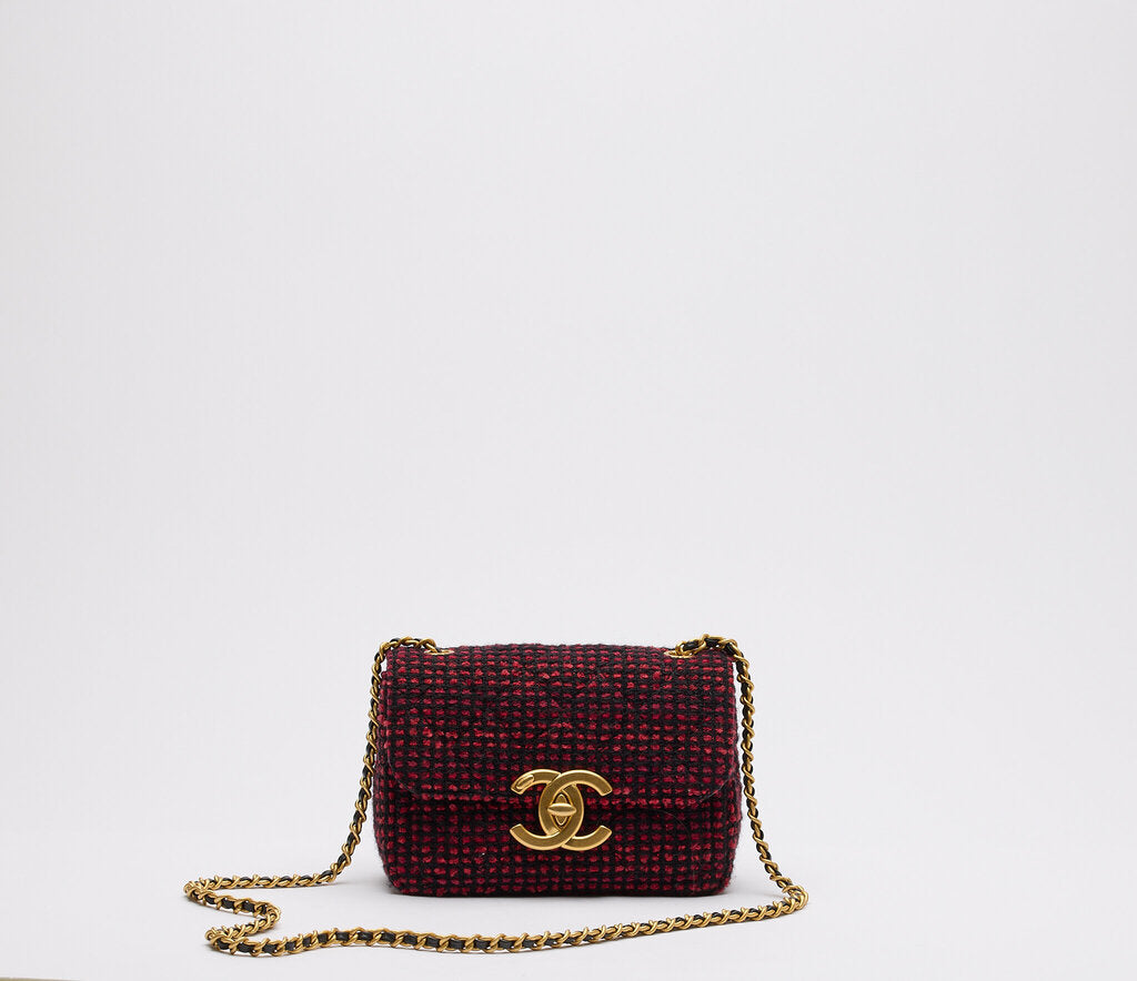 Chanel Burgundy & Black Tweed Large Turnlock CC Mini Square