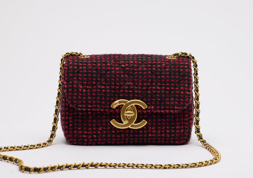 Chanel Burgundy & Black Tweed Large Turnlock CC Mini Square
