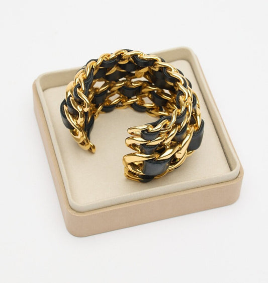 Chanel Black & Gold Wide Cuff Chain Bracelet