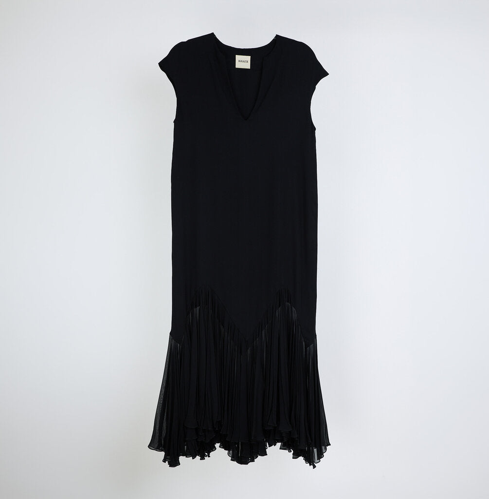 Khaite Black Silk Cap Sleeve Pleat Hem Dress
