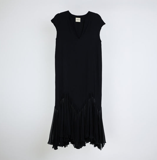 Khaite Black Silk Cap Sleeve Pleat Hem Dress