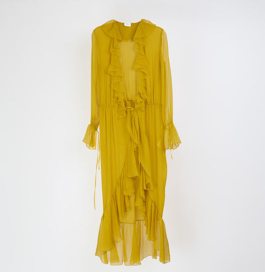 Saint Laurent Mustard Yellow Silk Ruffle Wrap Dress