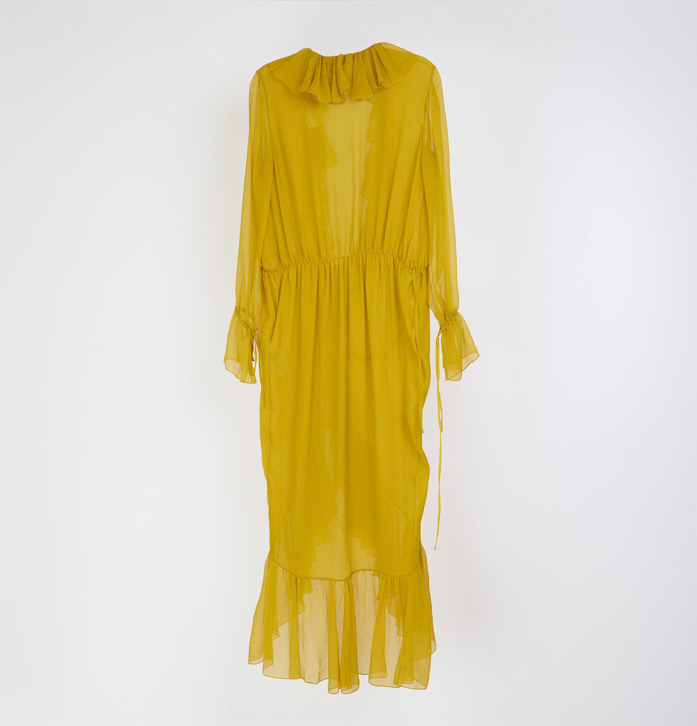 Saint Laurent Mustard Yellow Silk Ruffle Wrap Dress