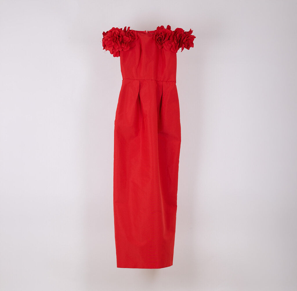 Monique Lhuillier Red Floral Column Off the Shoulder Gown