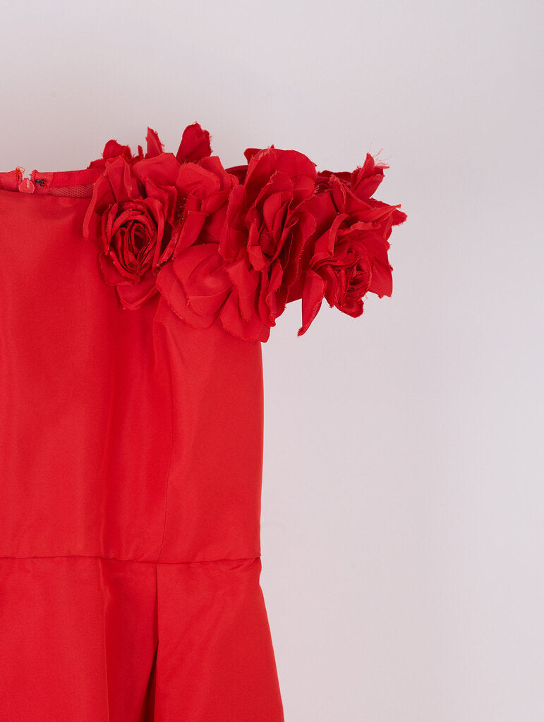 Monique Lhuillier Red Floral Column Off the Shoulder Gown