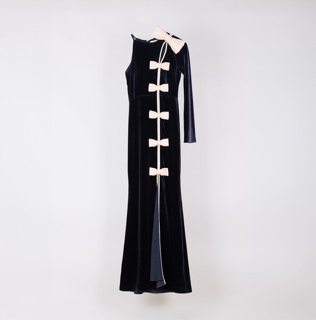 Hellessy Navy Velvet Bow One Shoulder Gown