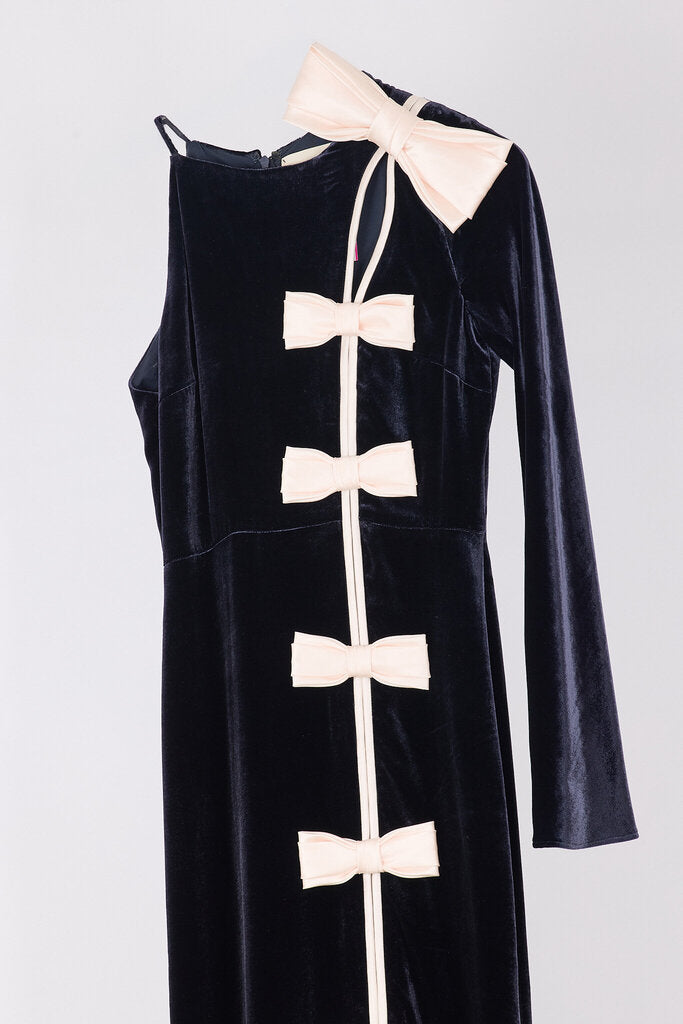 Hellessy Navy Velvet Bow One Shoulder Gown