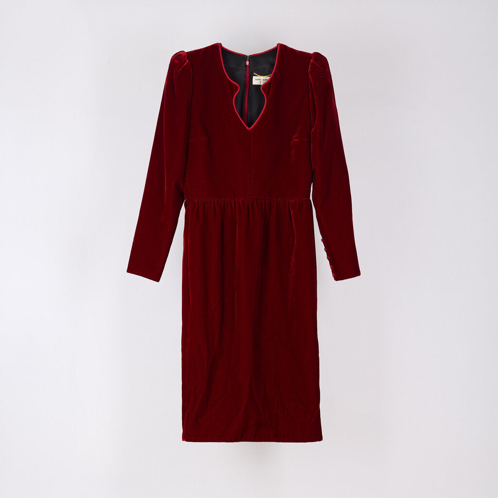 Saint Laurent 2020 Red Velvet Puff Sleeve Dress