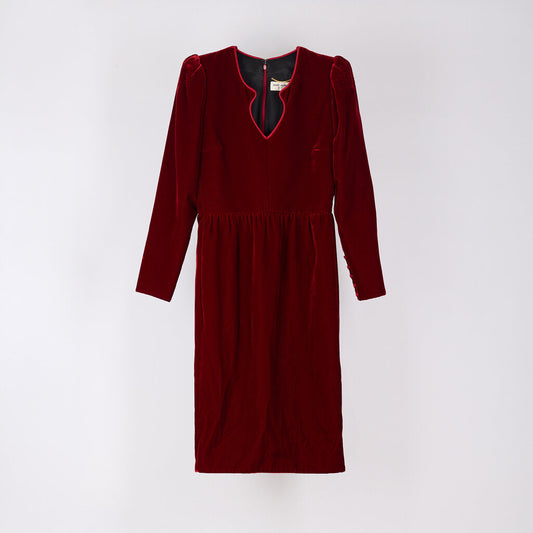 Saint Laurent 2020 Red Velvet Puff Sleeve Dress