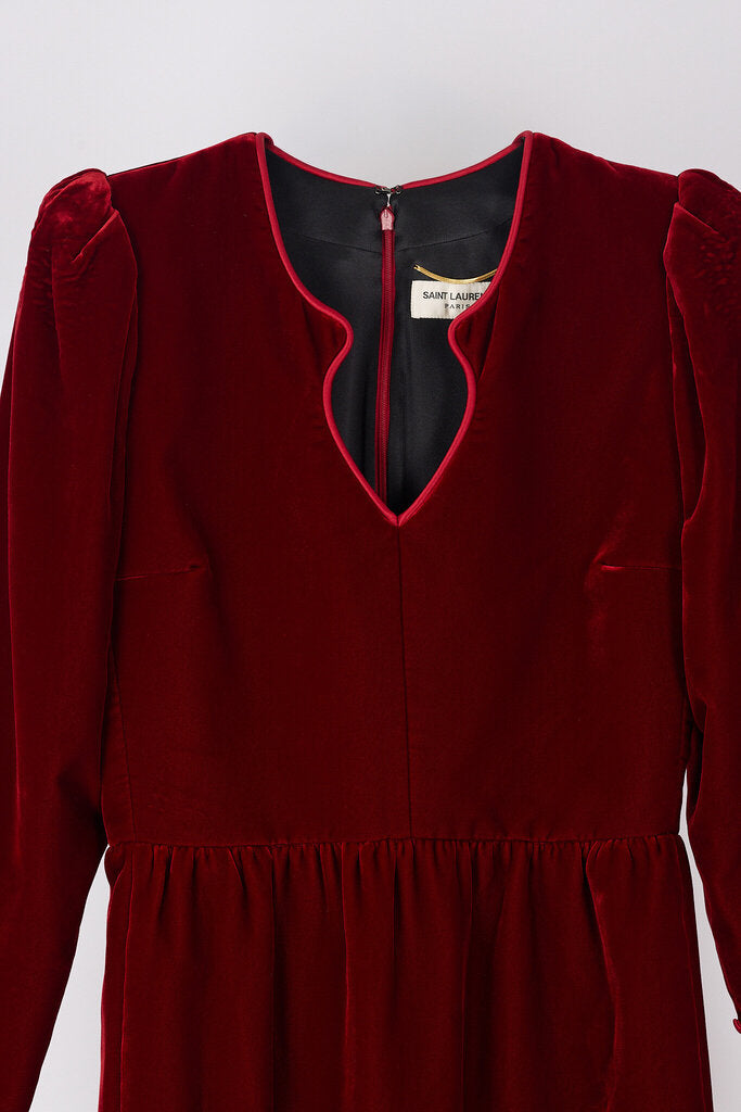 Saint Laurent 2020 Red Velvet Puff Sleeve Dress