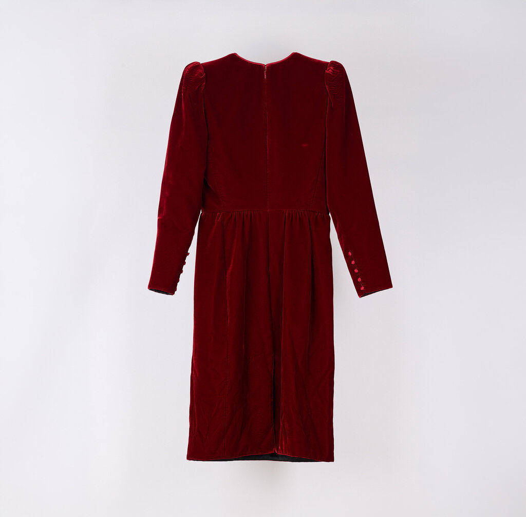 Saint Laurent 2020 Red Velvet Puff Sleeve Dress