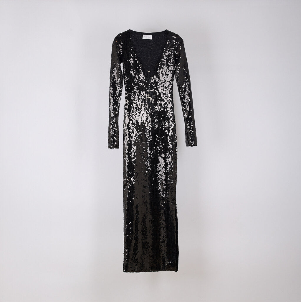 16 Arlington Black Sequin Silver Tie Maxi Dress