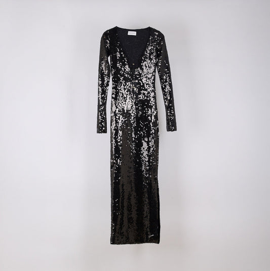 16 Arlington Black Sequin Silver Tie Maxi Dress