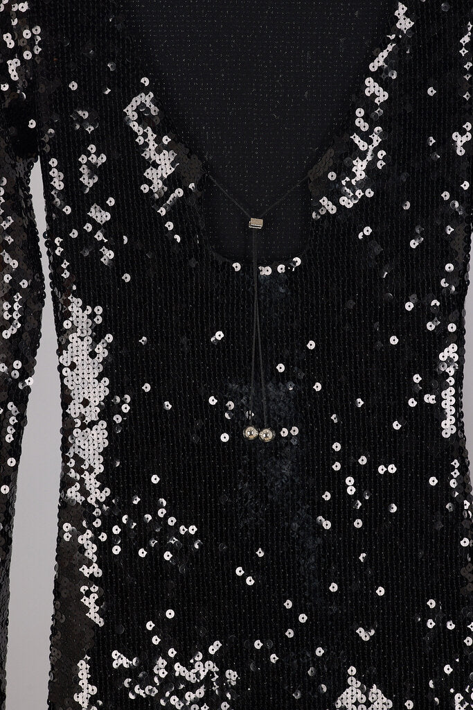 16 Arlington Black Sequin Silver Tie Maxi Dress