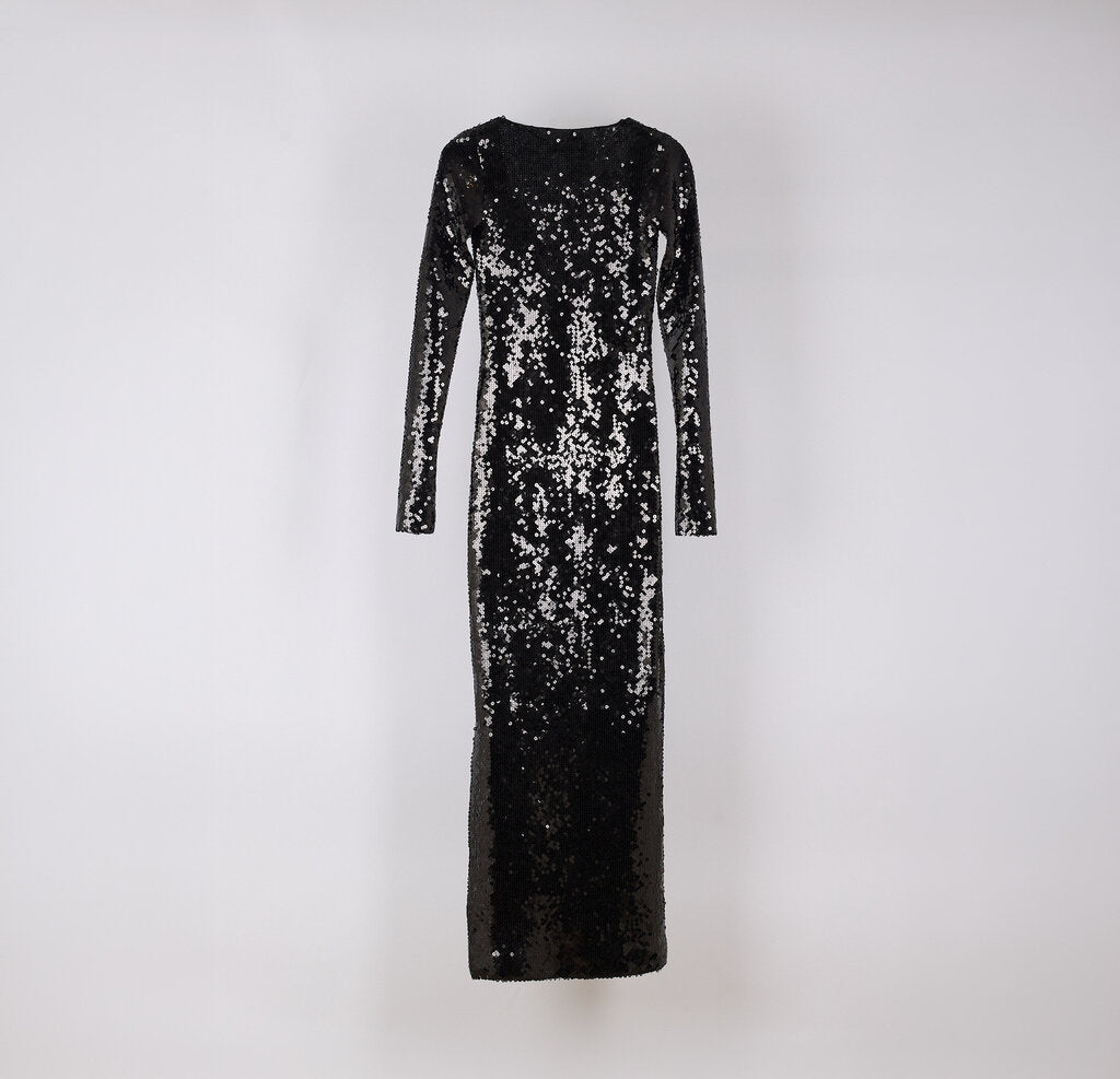16 Arlington Black Sequin Silver Tie Maxi Dress
