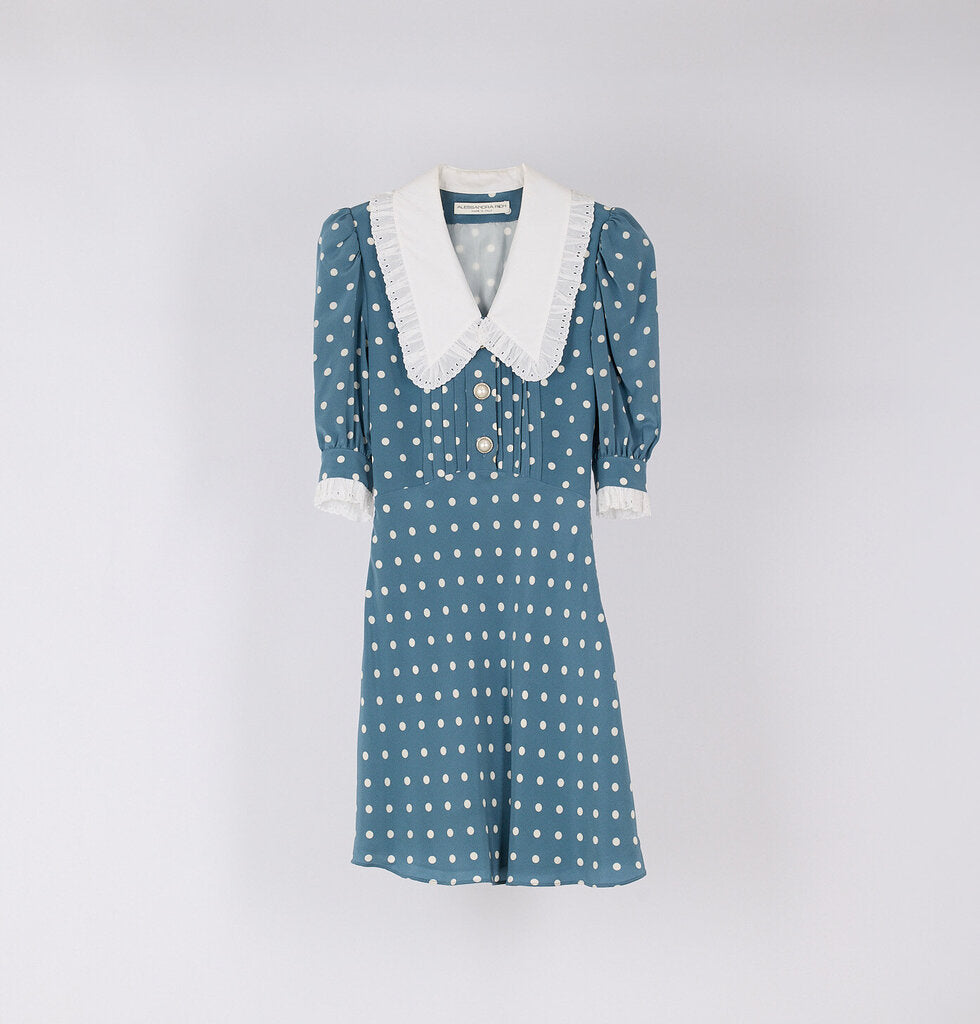 Alessandra Rich Blue Silk Polka Dot Dress