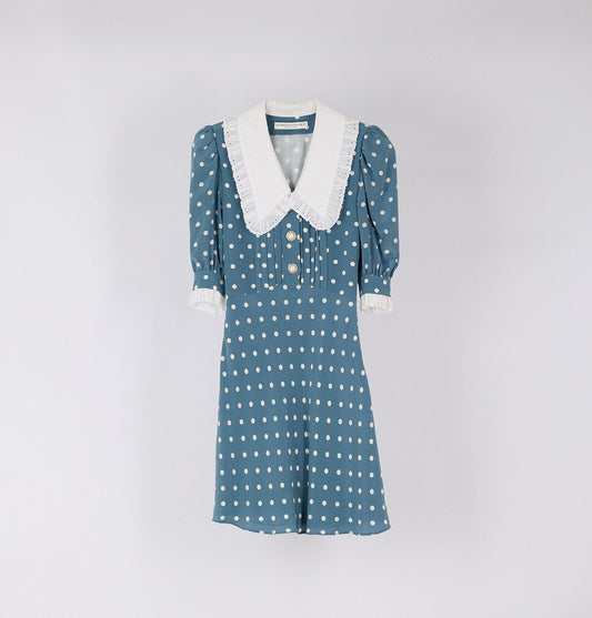 Alessandra Rich Blue Silk Polka Dot Dress