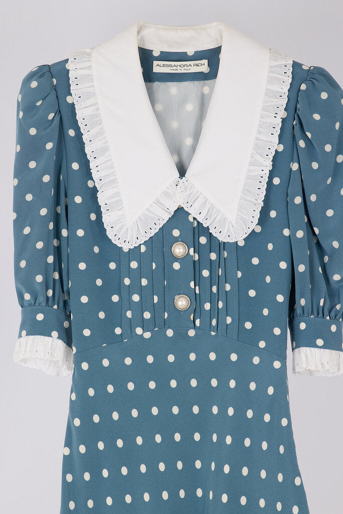 Alessandra Rich Blue Silk Polka Dot Dress