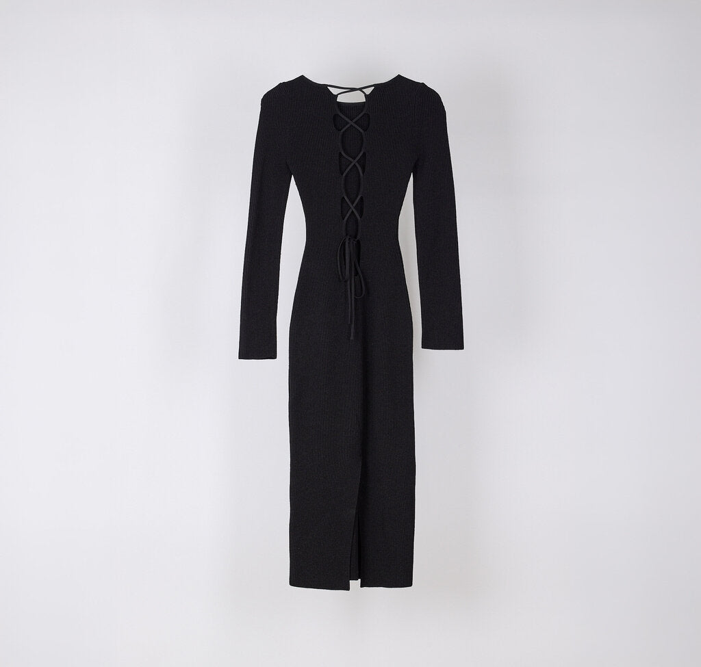 Khaite Black Ribbed Lace Up Back Dress