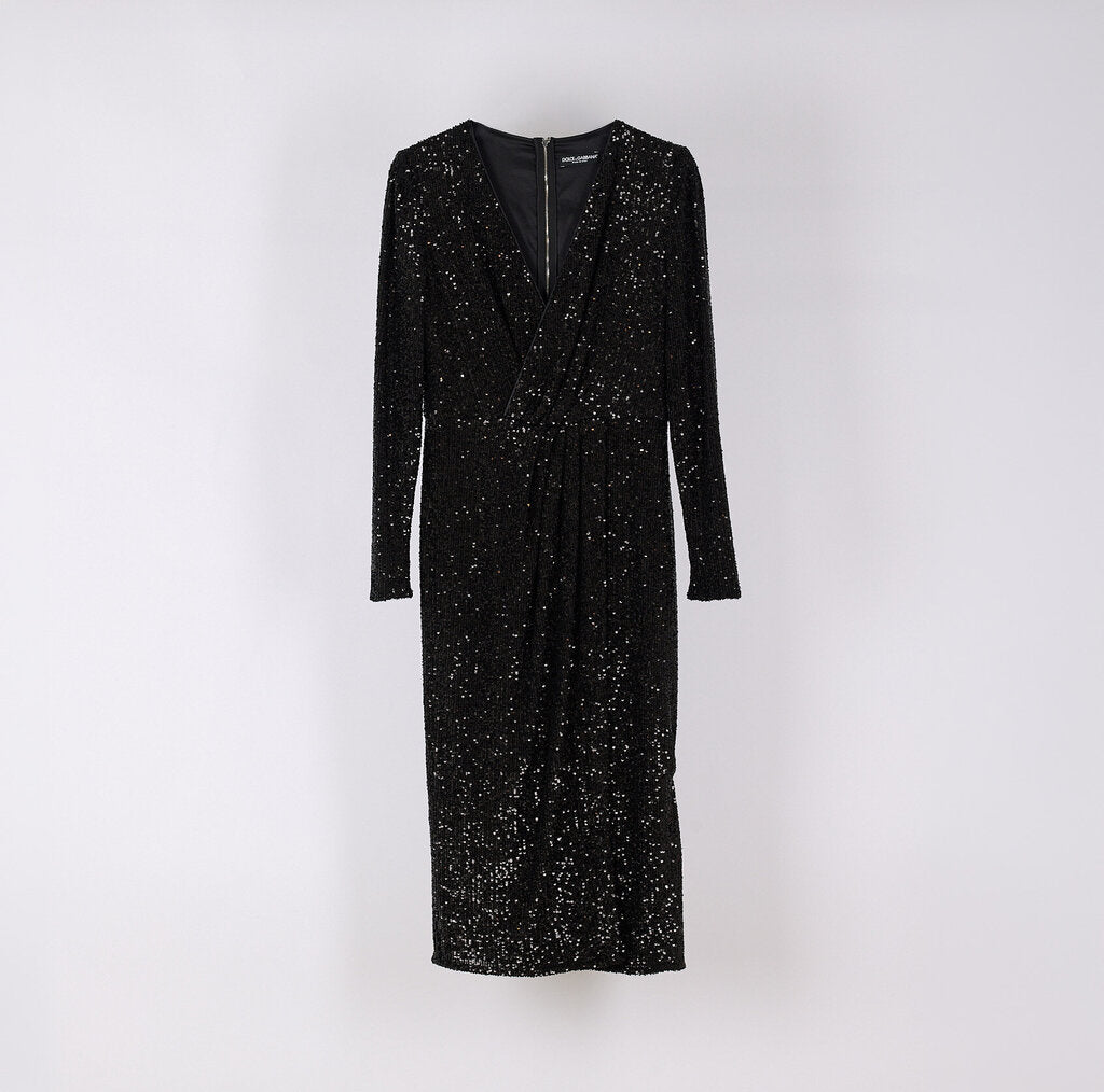 Dolce & Gabbana Black Sequin V-Neck Dress