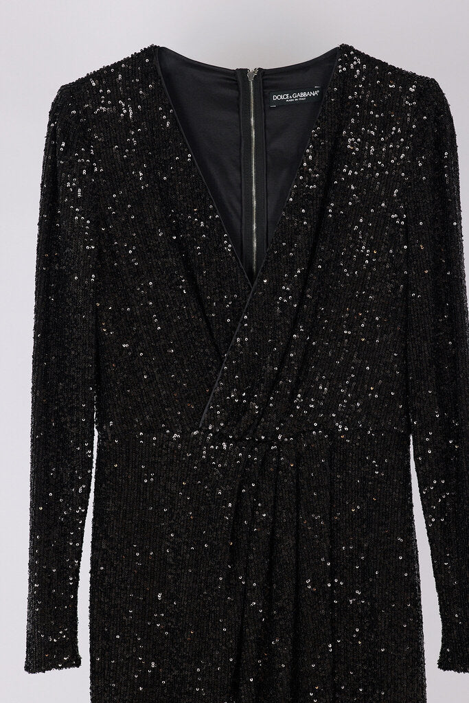 Dolce & Gabbana Black Sequin V-Neck Dress