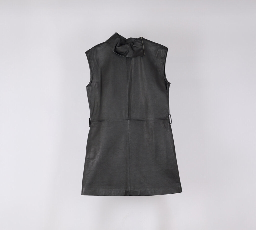 Celine Black Leather Zip Neck Dress
