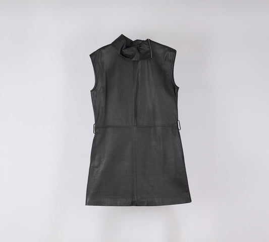 Celine Black Leather Zip Neck Dress