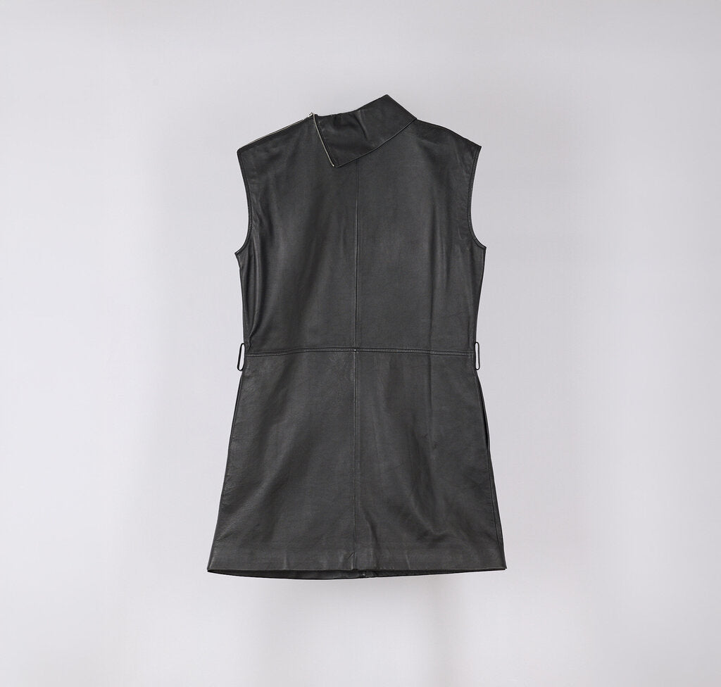Celine Black Leather Zip Neck Dress