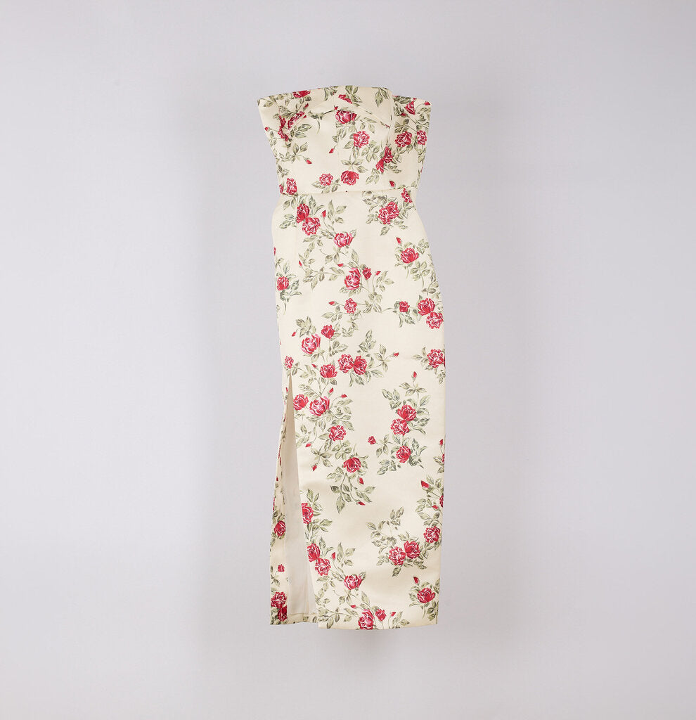 Emilia Wickstead Cream Satin Rose Printed Strapless Dress