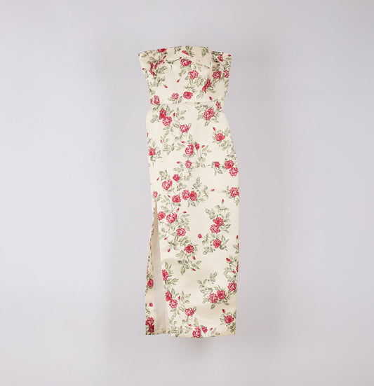 Emilia Wickstead Cream Satin Rose Printed Strapless Dress