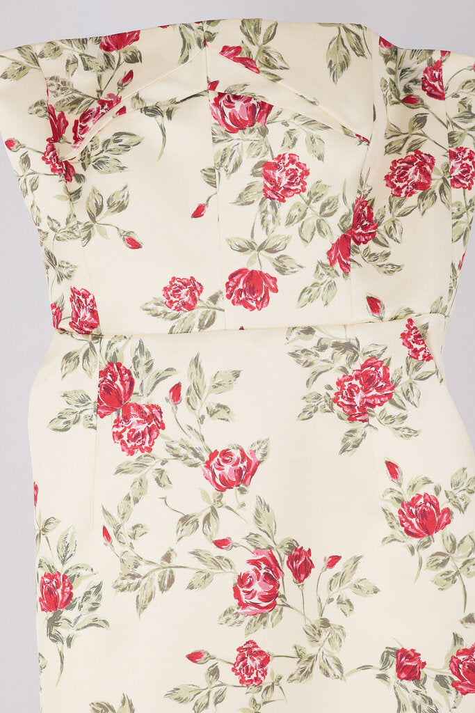 Emilia Wickstead Cream Satin Rose Printed Strapless Dress