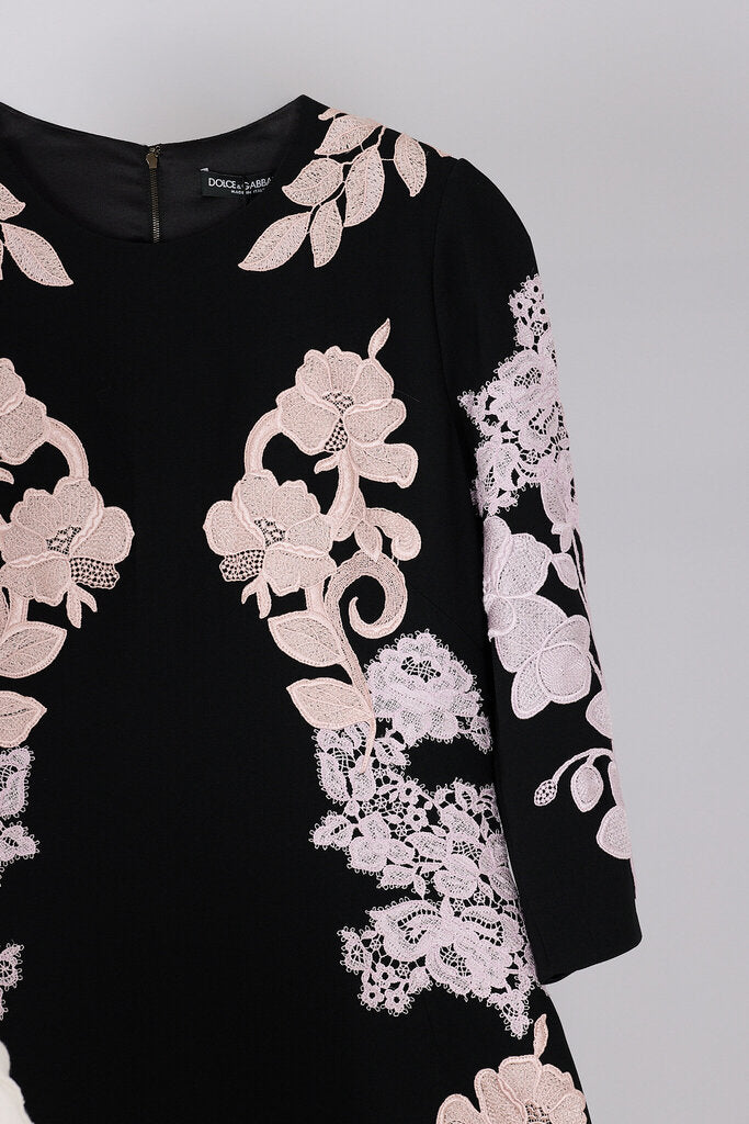Dolce & Gabbana Black Viscose Blend Floral Lace Applique Dress