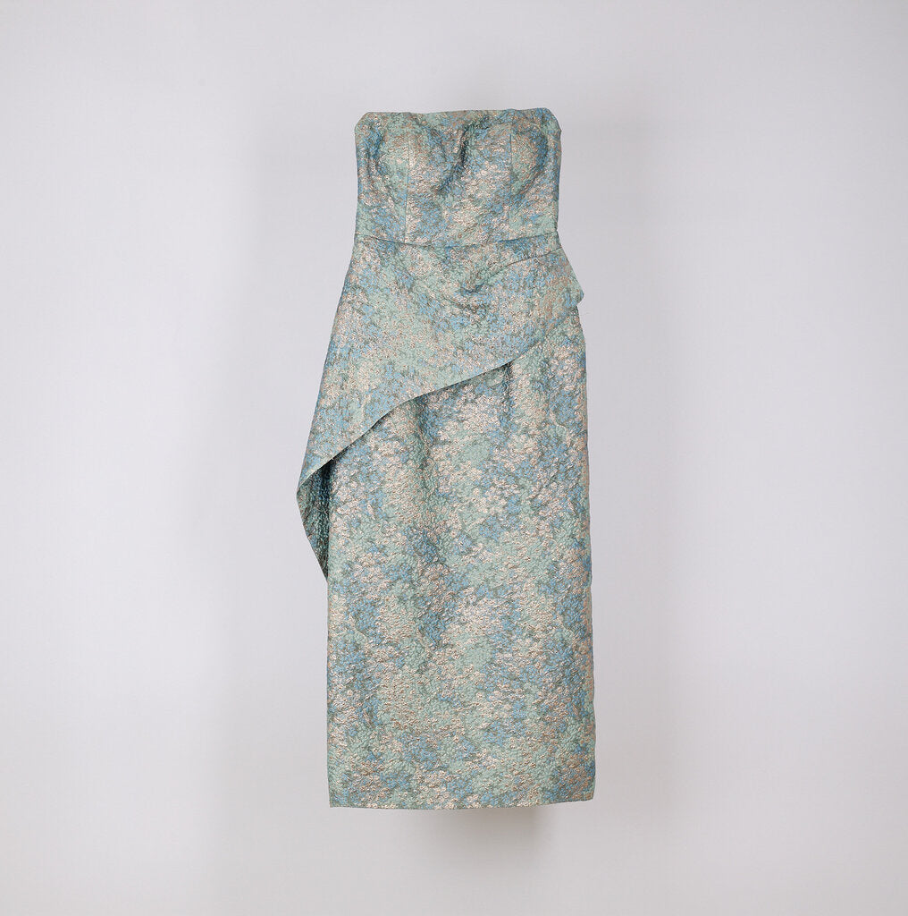Blue & Pink Strapless Jacquard Gown