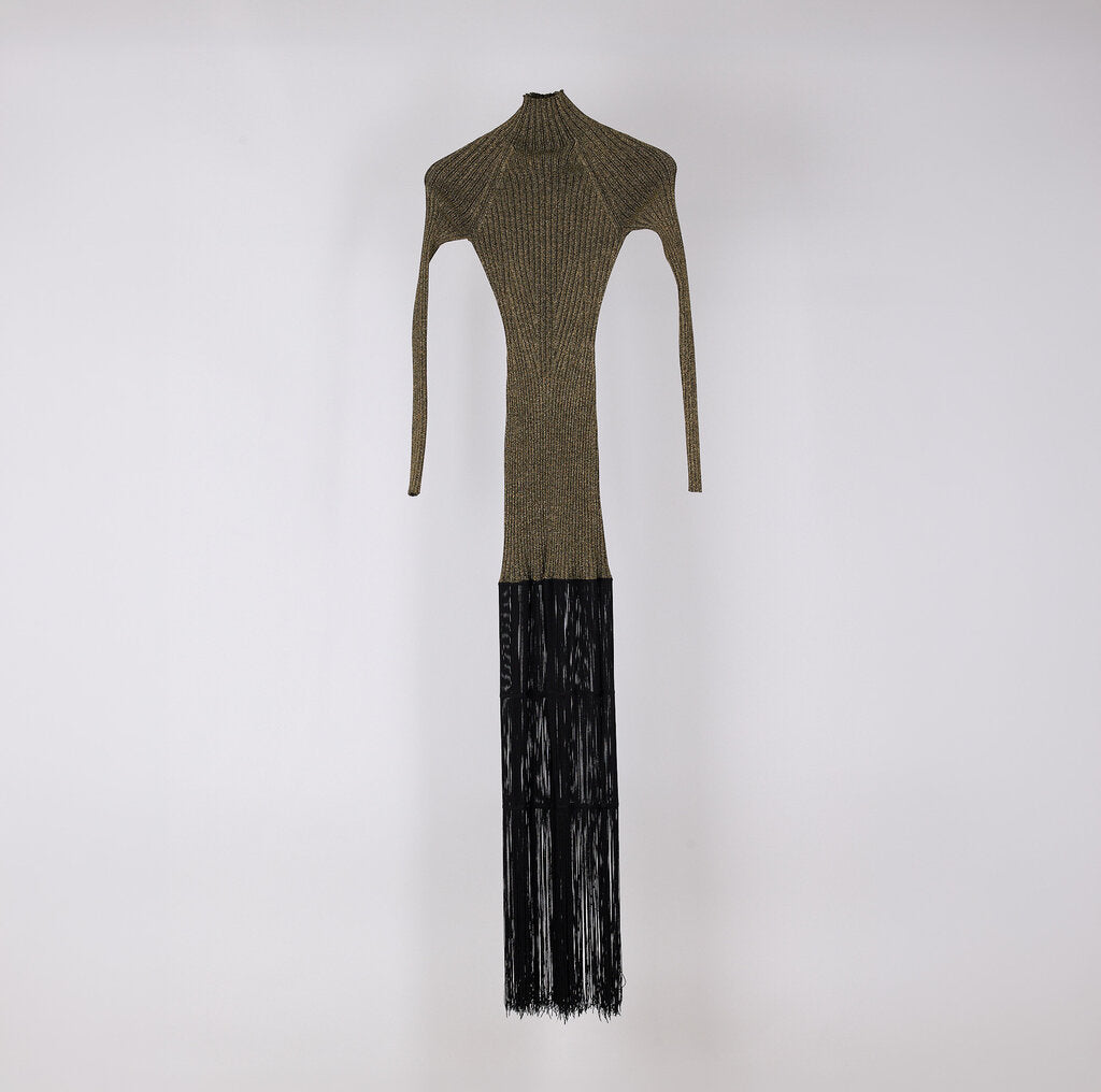 Khaite Gold Poly Knit Black Fringe Bottom Dress