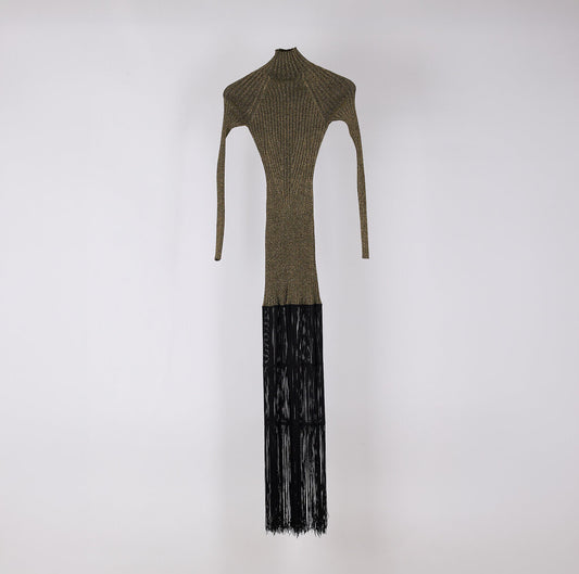 Khaite Gold Poly Knit Black Fringe Bottom Dress