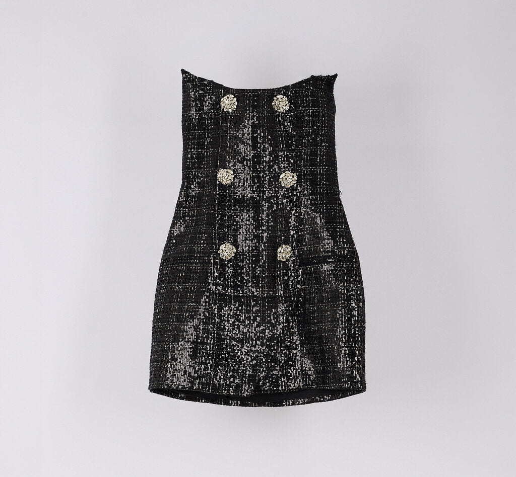 Balmain Black Glitter Tweed Large Rhinestone Button Dress