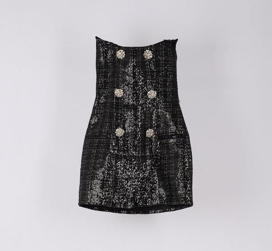 Balmain Black Glitter Tweed Large Rhinestone Button Dress