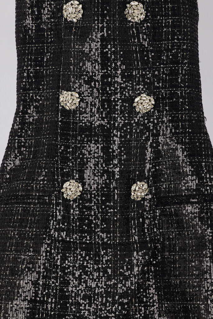 Balmain Black Glitter Tweed Large Rhinestone Button Dress