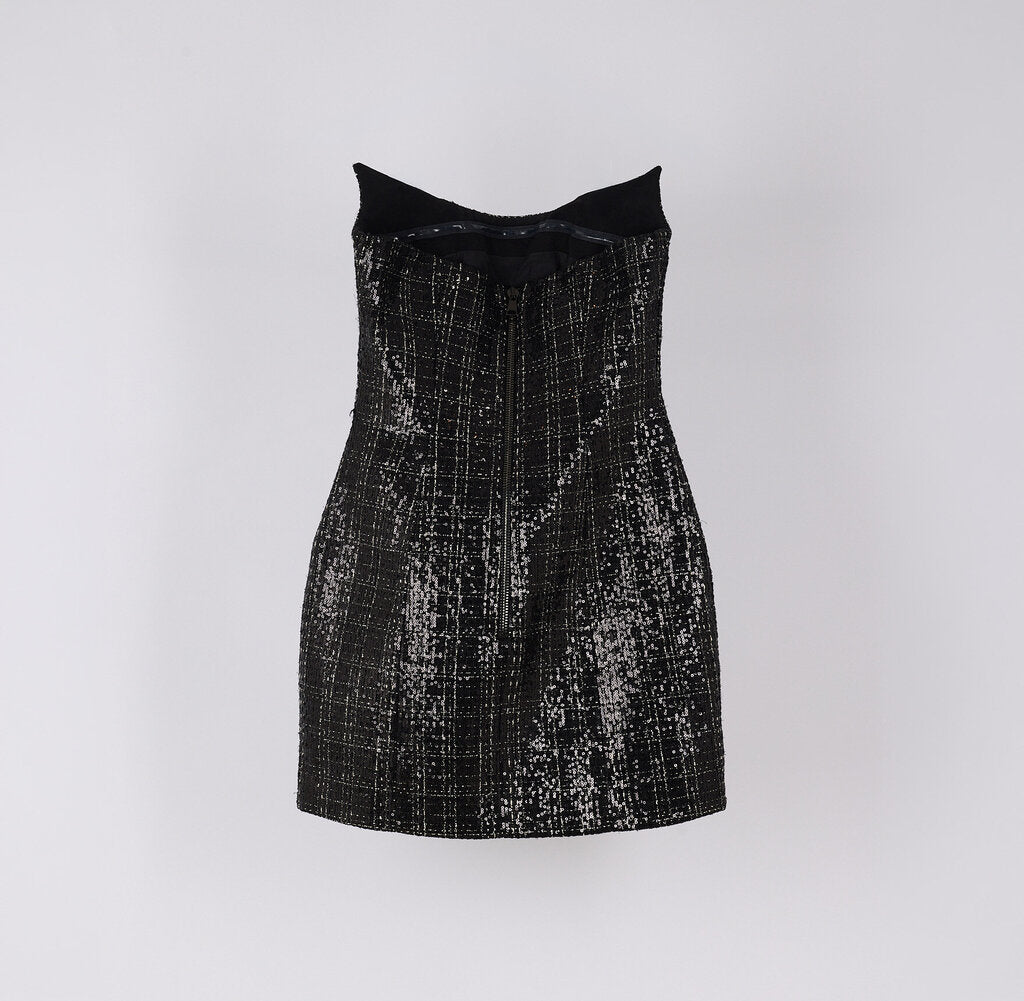 Balmain Black Glitter Tweed Large Rhinestone Button Dress