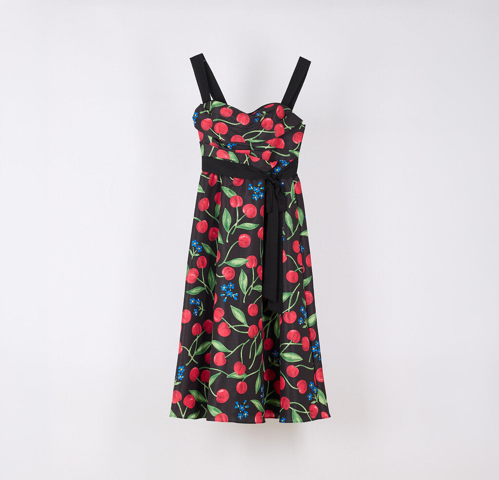 Carolina Herrera Black Poly Cherry Sun Dress