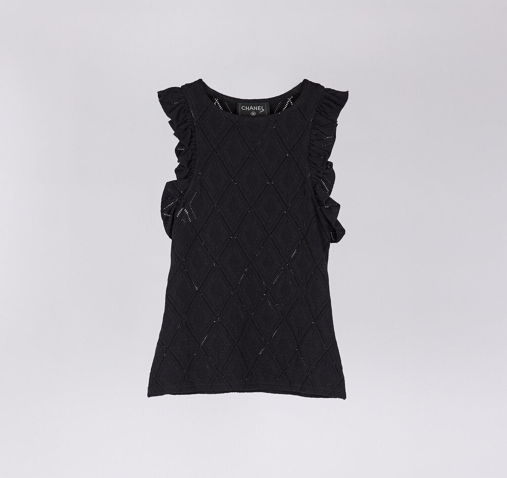 Chanel Black Poly Ruffle Sleeve Pointelle Top