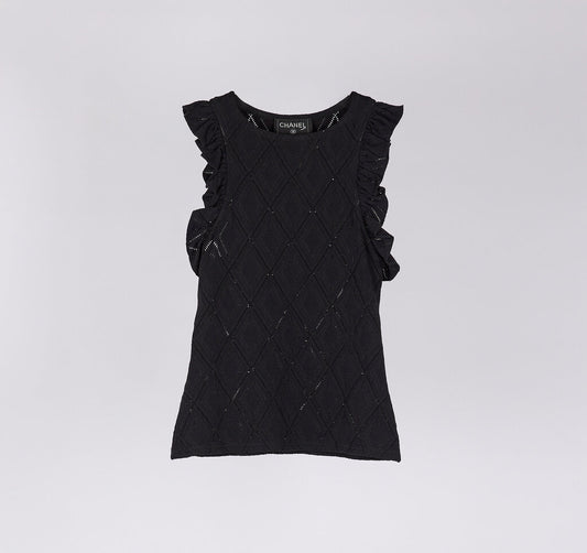 Chanel Black Poly Ruffle Sleeve Pointelle Top
