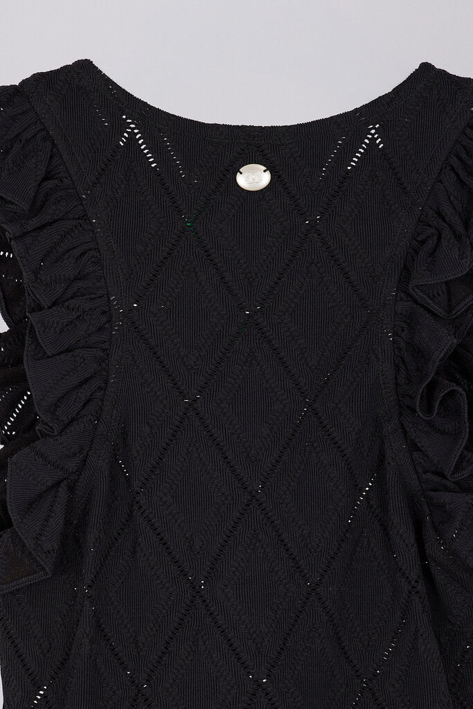 Chanel Black Poly Ruffle Sleeve Pointelle Top