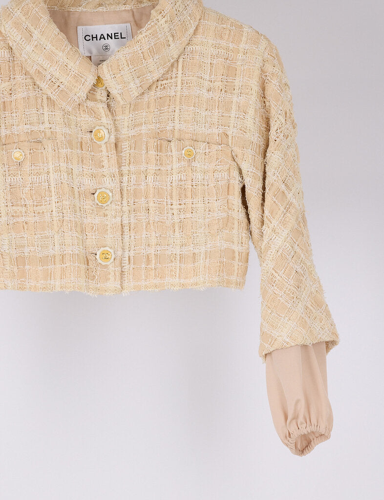 Chanel 2014 Beige Linen Blend Tweed Cropped Bolero Jacket