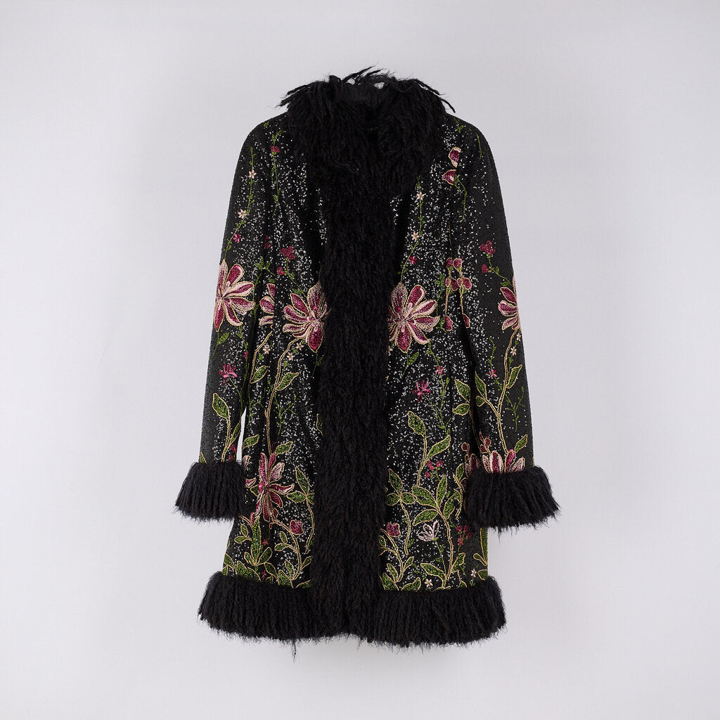 Giambattista Valli Black Embroidered Fur Trim Coat