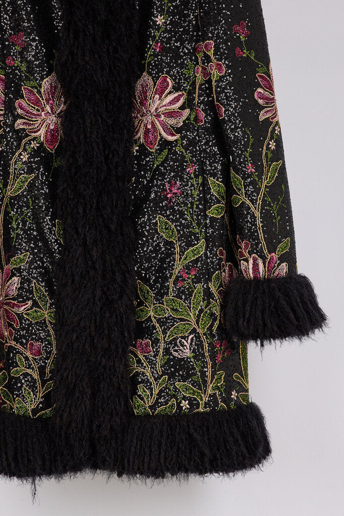 Giambattista Valli Black Embroidered Fur Trim Coat