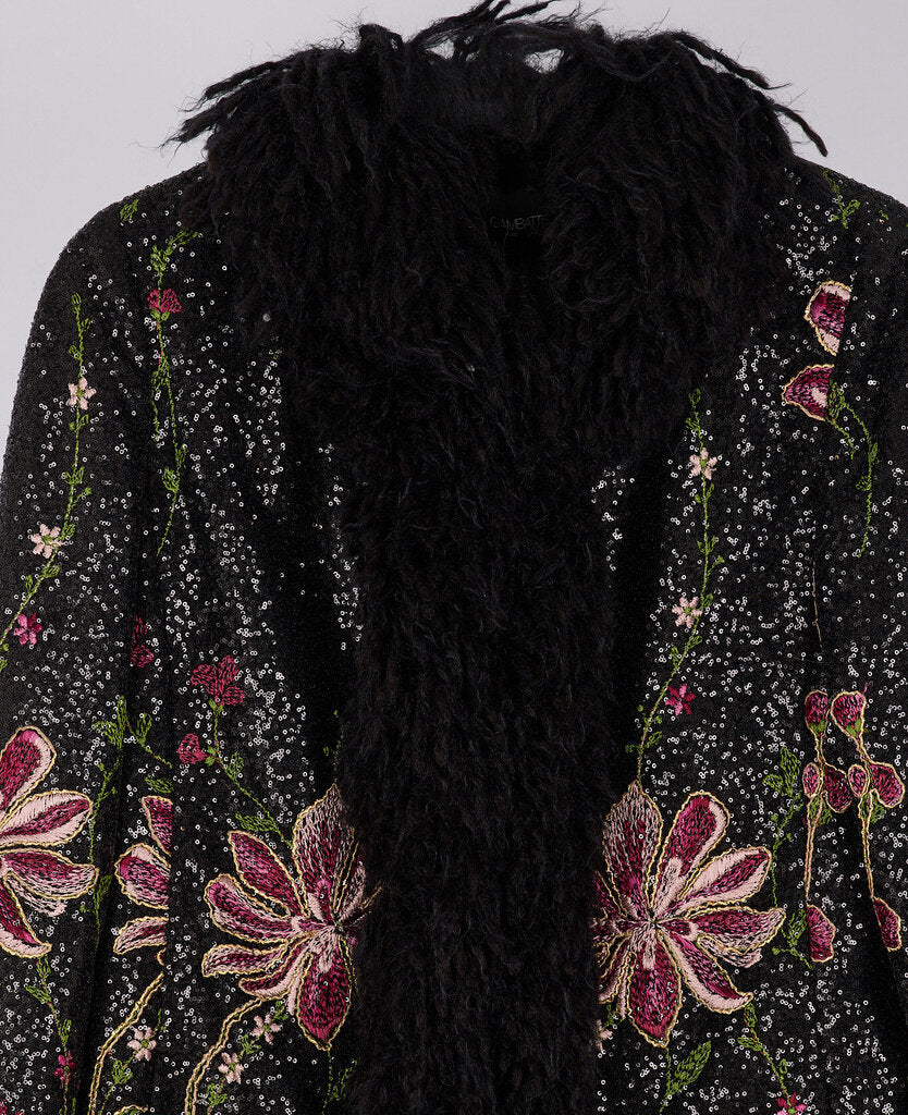 Giambattista Valli Black Embroidered Fur Trim Coat