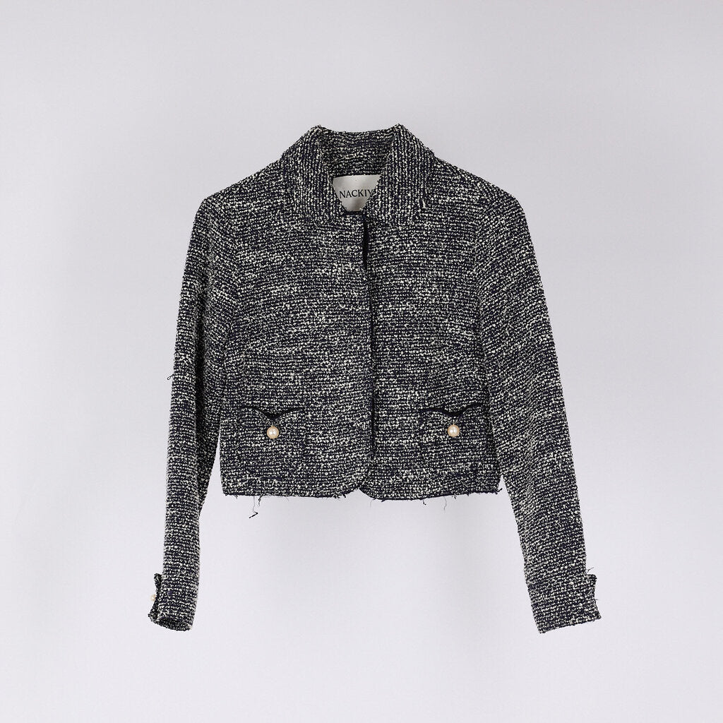Nackiye Navy & White Tweed Pearl Button Coat