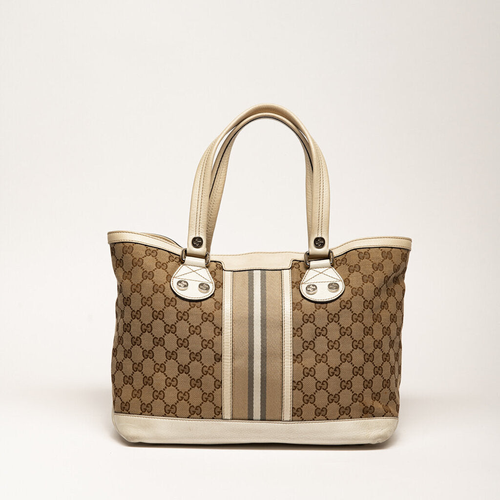 Gucci Monogram Stripe Tote w/White Trim